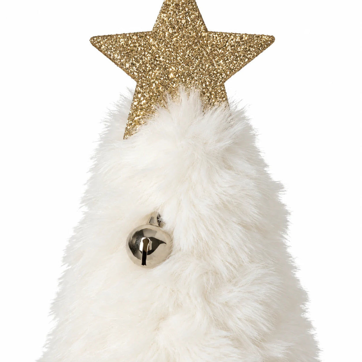 Close-up of white variant fluffy fabric and silver bell on Fluffy Christmas Trees With Bells.