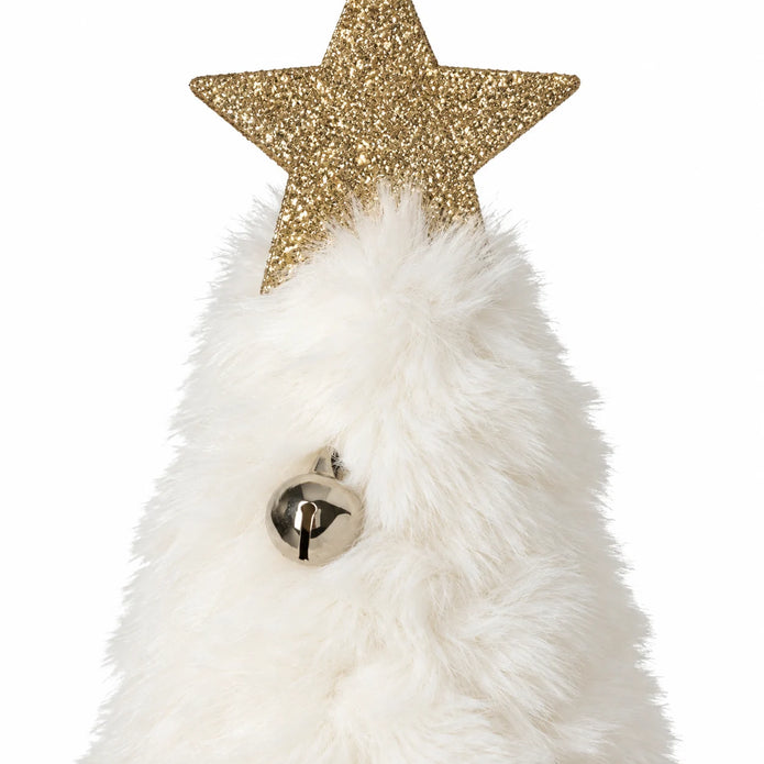 Close-up of white variant fluffy fabric and silver bell on Fluffy Christmas Trees With Bells.