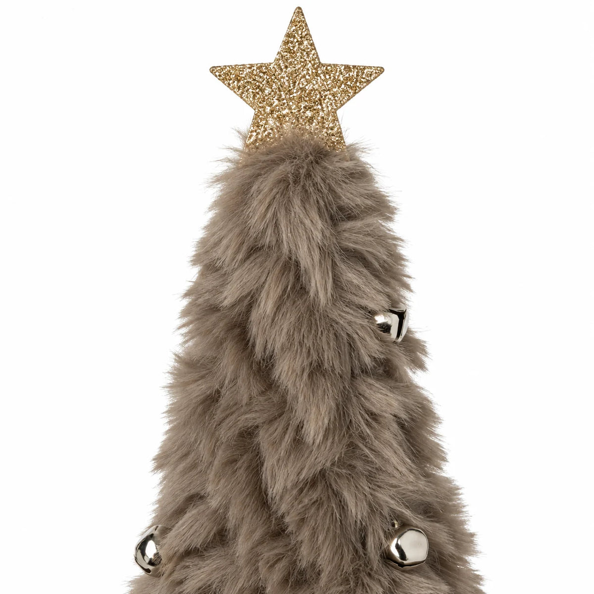 Close-up of grey variant gold star and fluffy top on Fluffy Christmas Trees With Bells.