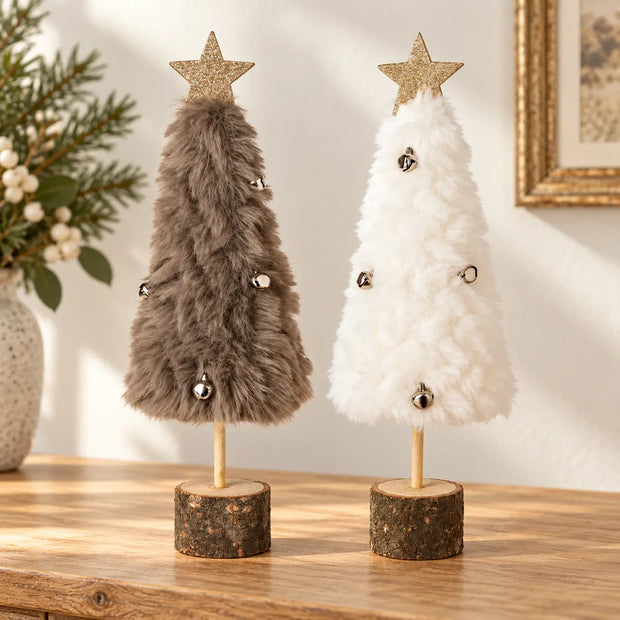 Grey and white fluffy Christmas trees with decorative bells from Heaven Sends, ideal for holiday home decor.