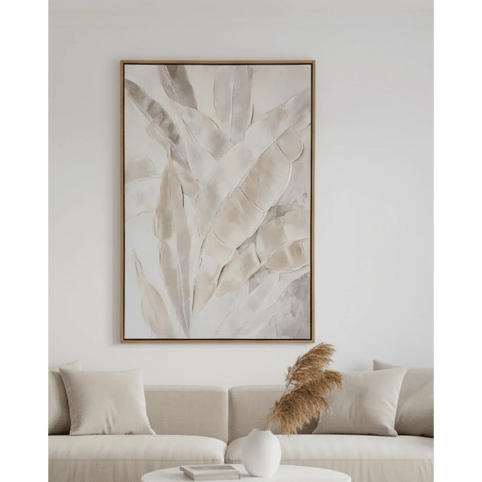 Large neutral feather wall art by Hill Interiors in a frame, suitable for modern home decor.
