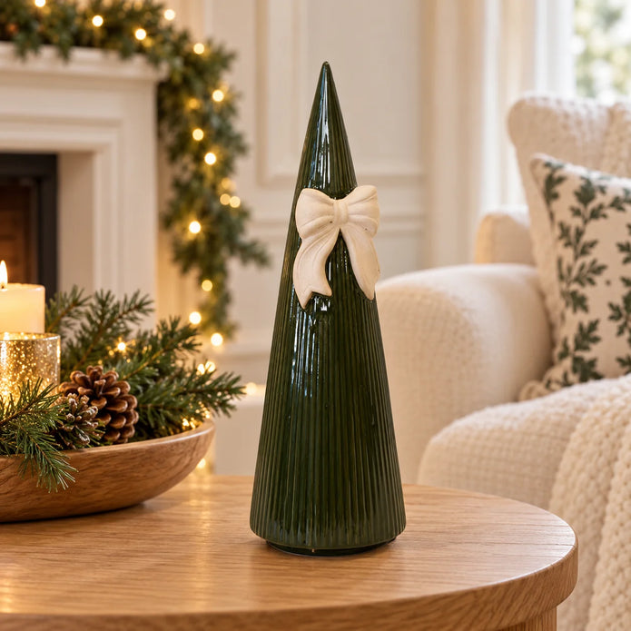 Satchville large forest green striped ceramic Christmas tree with bow, 32cm tall