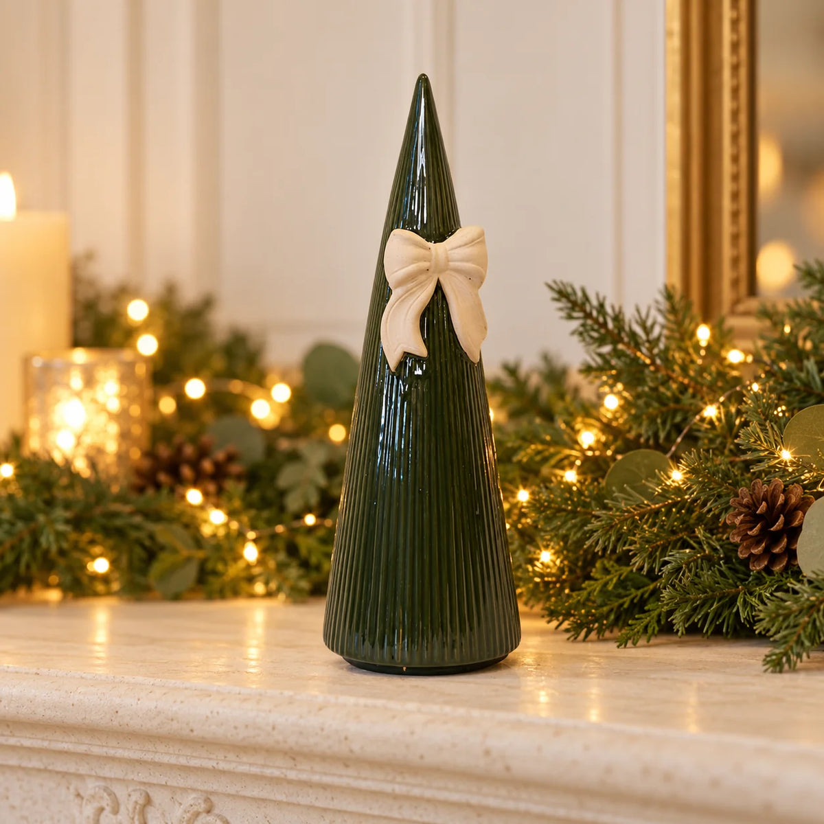 Satchville large forest green striped ceramic Christmas tree with decorative bow, 32cm tall