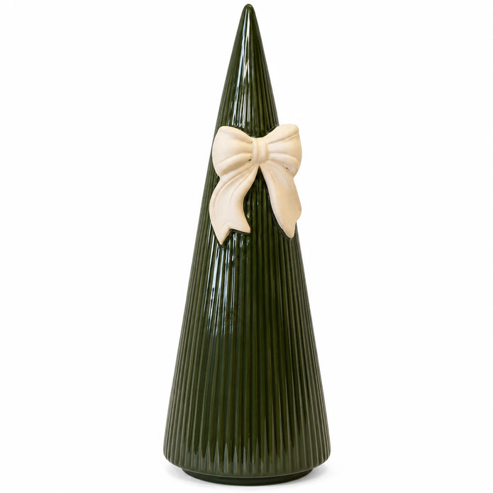 Satchville large forest green striped ceramic Christmas tree with decorative bow, 32cm