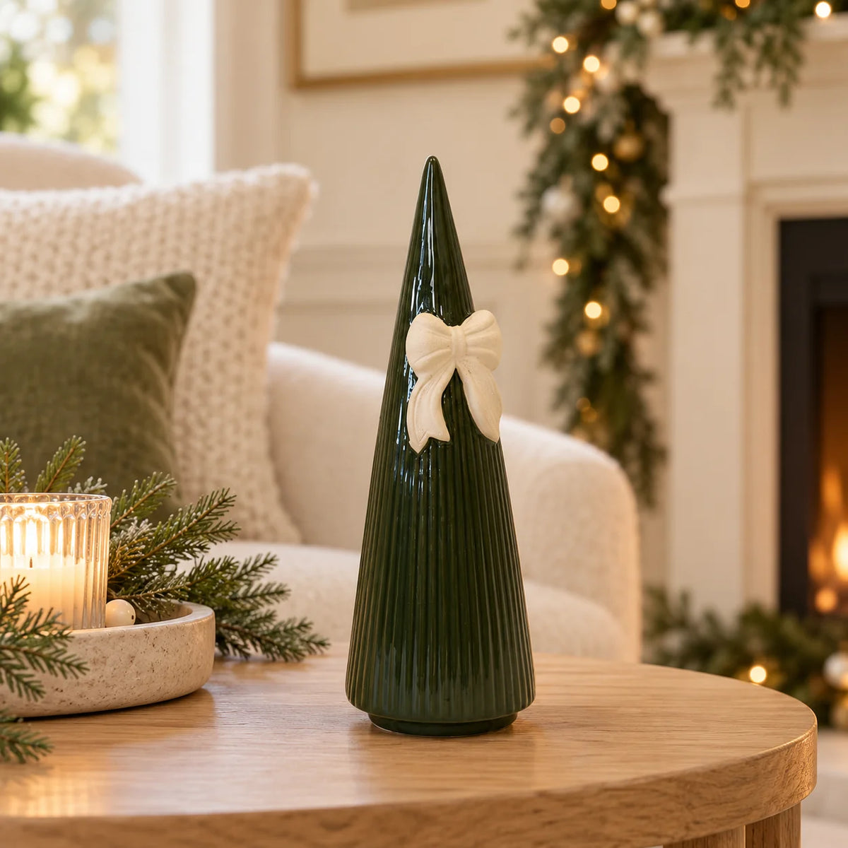 Satchville forest green striped ceramic Christmas tree with bow, medium 24cm