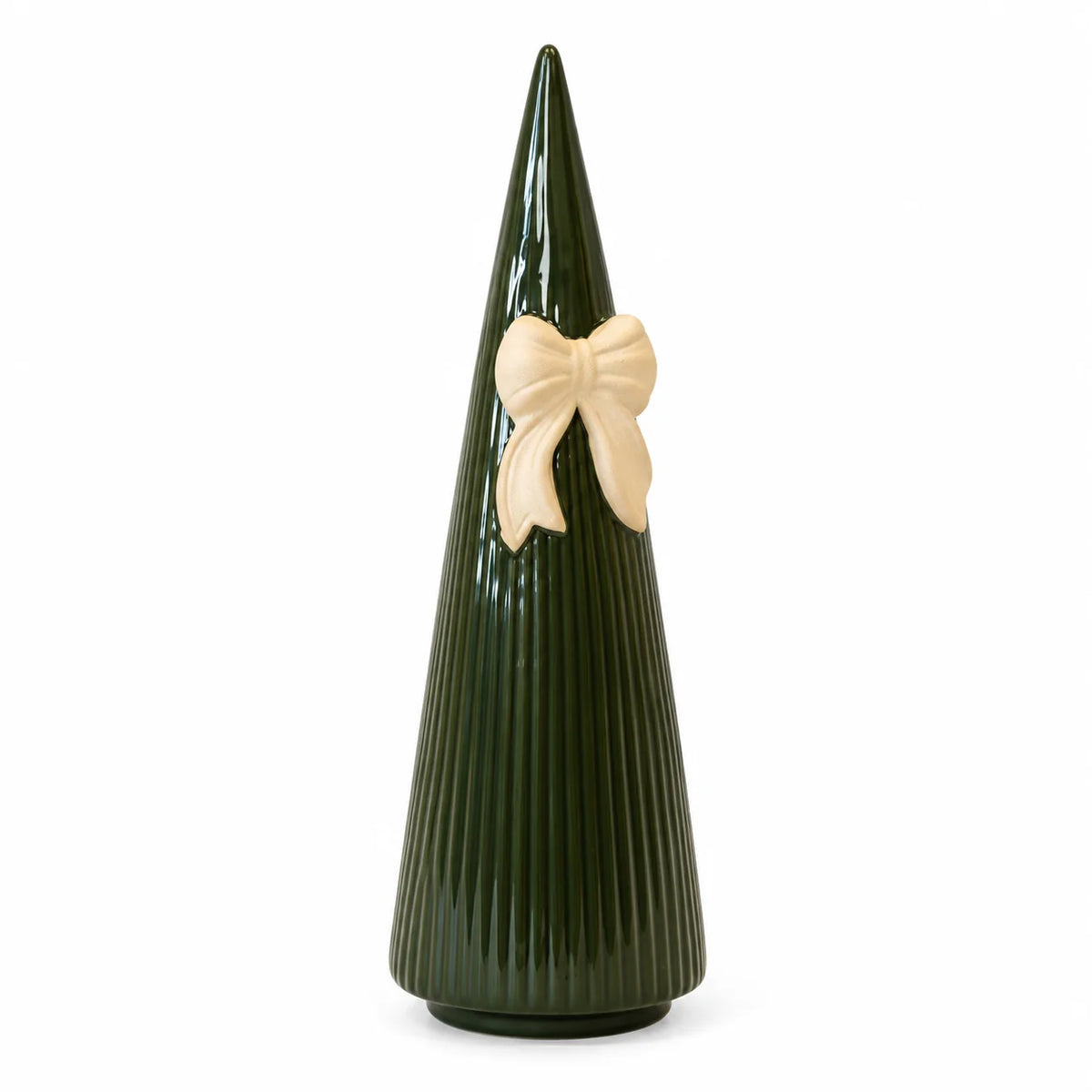 Satchville medium forest green striped ceramic Christmas tree with decorative bow, 24cm tall
