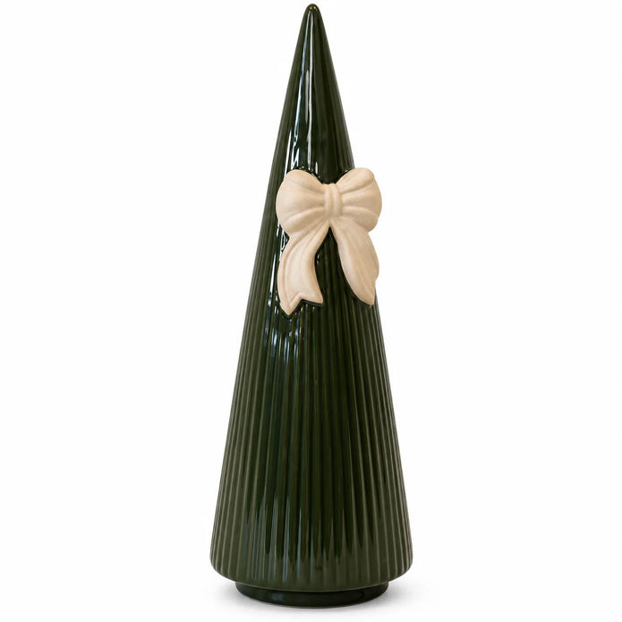 Satchville forest green striped ceramic Christmas tree with bow, medium 24cm