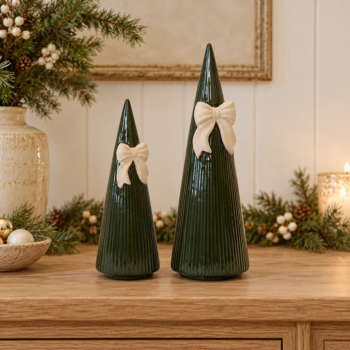 Satchville large forest green striped ceramic Christmas tree with bow, 32cm, shown as a pair