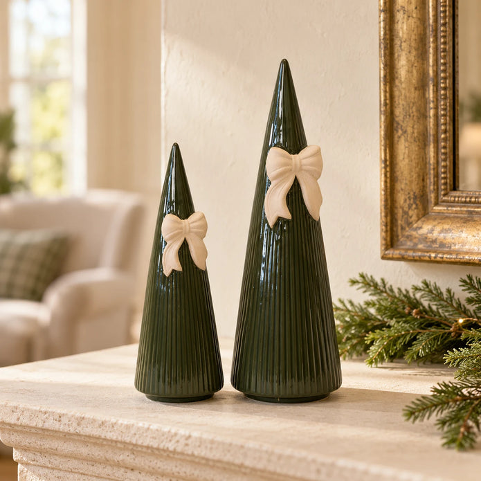 Satchville large forest green striped ceramic Christmas tree with decorative bow, 32cm