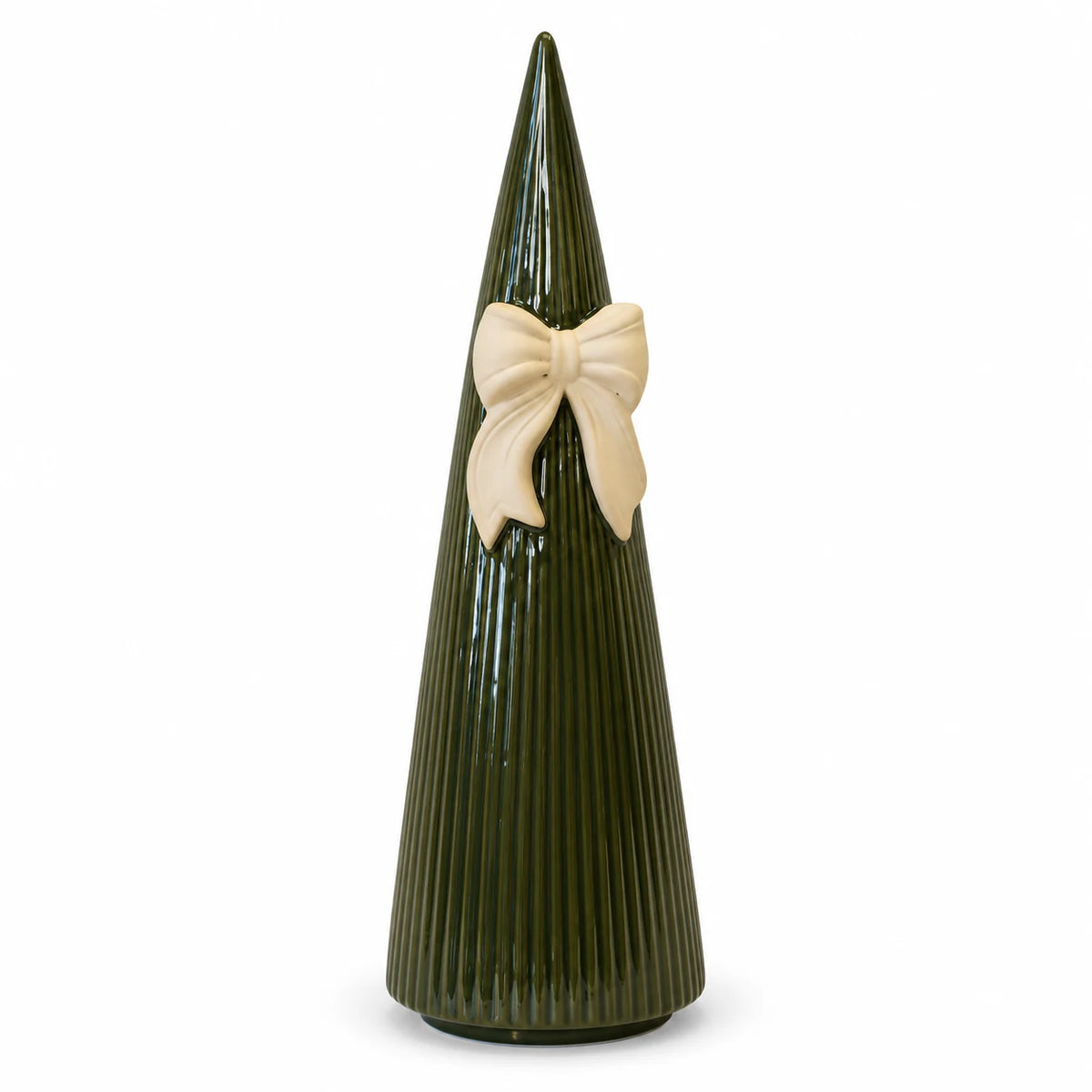 Satchville large forest green striped ceramic Christmas tree with decorative bow, 32cm tall