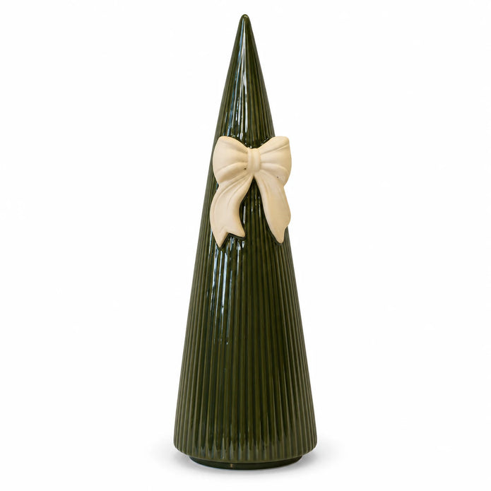 Satchville large forest green striped ceramic Christmas tree with decorative bow, 32cm tall