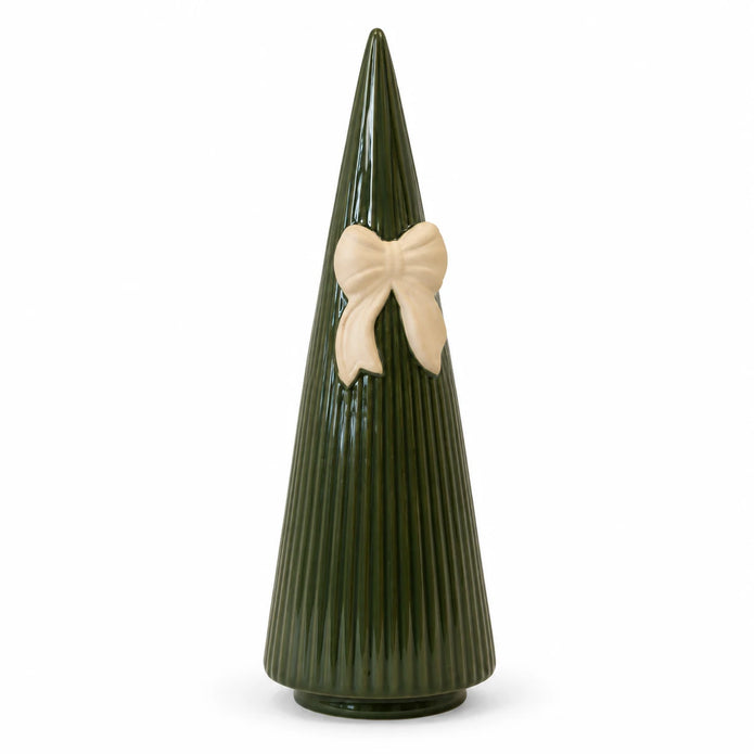 Satchville medium forest green striped ceramic Christmas tree with bow, 24cm