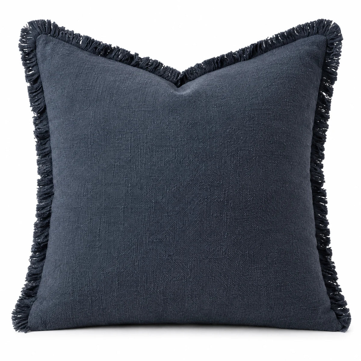 Front view of the navy blue frayed-edge square cushion cover on a white background.
