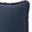 Close-up of the navy blue cushion cover's matte woven fabric and edge seam against white.