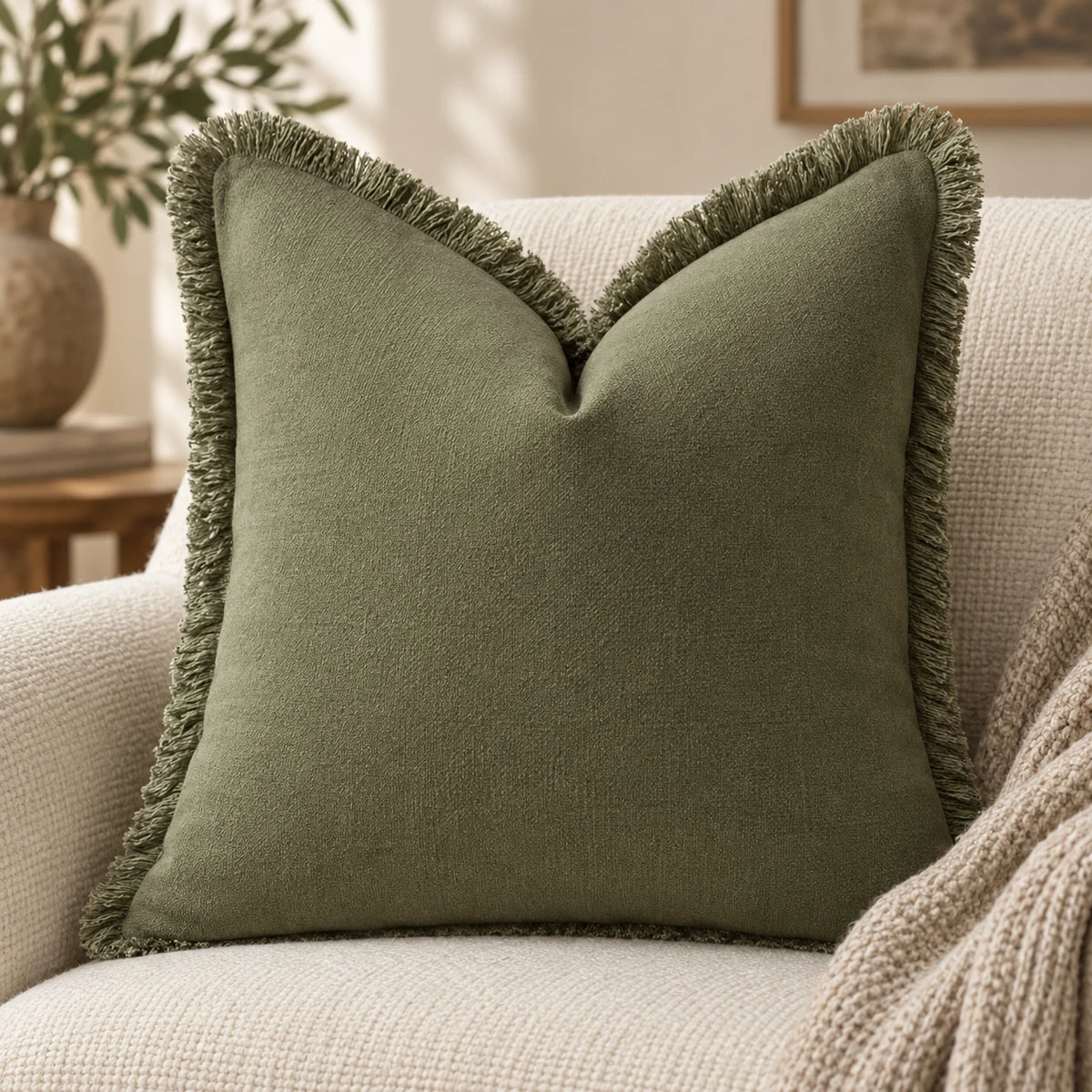 Frayed Edge Olive Green Cushion Cover, closer front view on a cream chair with a neutral knitted throw.