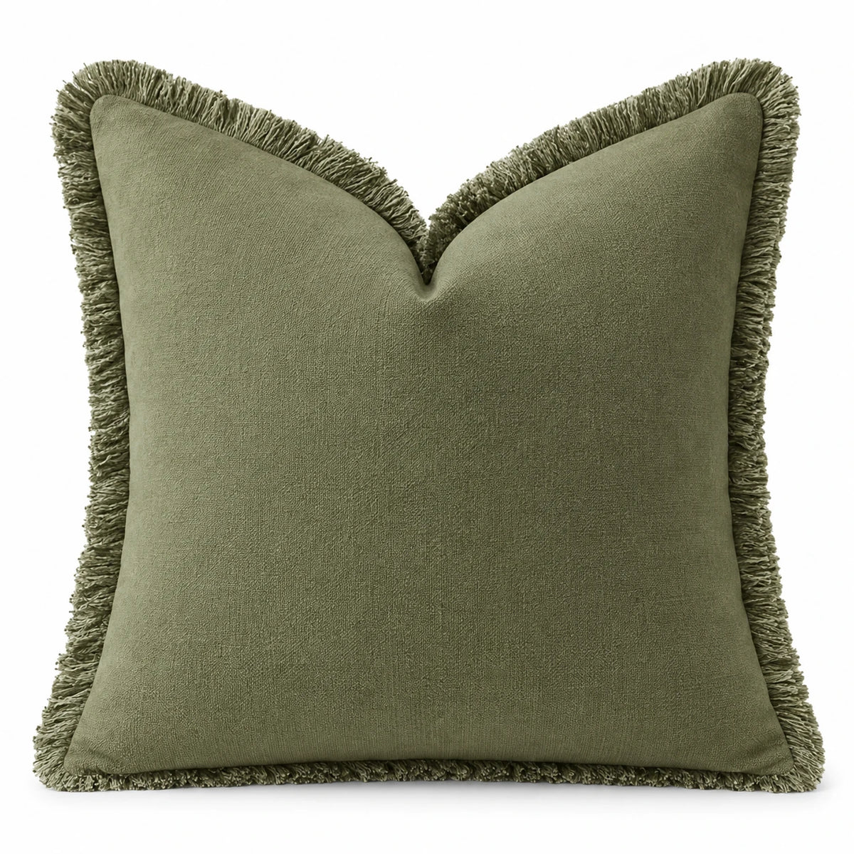 Frayed Edge Olive Green Cushion Cover, full front view showing the fringed border against white.