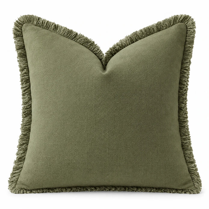 Frayed Edge Olive Green Cushion Cover, full front view showing the fringed border against white.