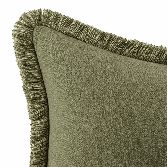 Frayed Edge Olive Green Cushion Cover, close-up of the fringed corner and stitched edge against white.