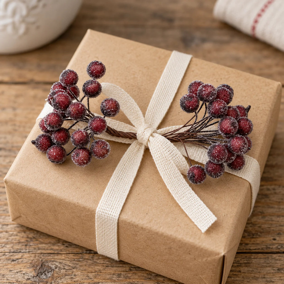 Frosted berry mini stem on a wrapped Christmas gift