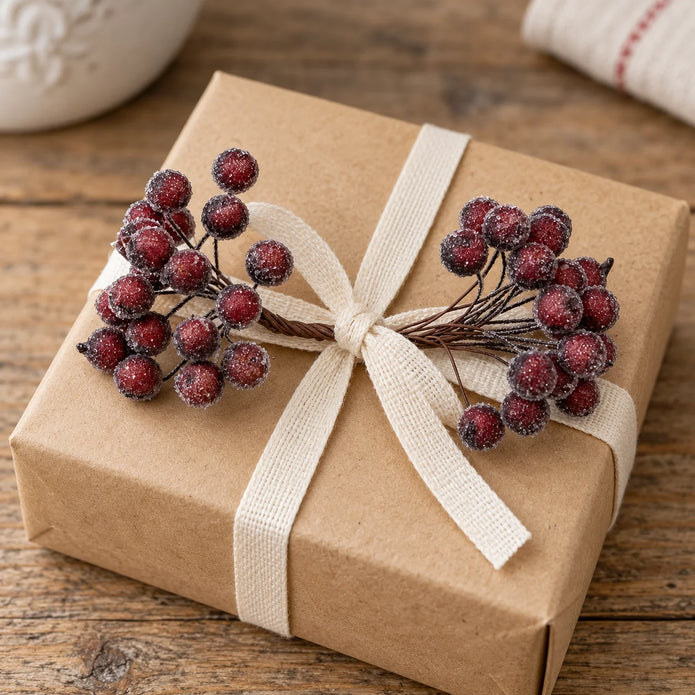 Frosted berry mini stem on a wrapped Christmas gift