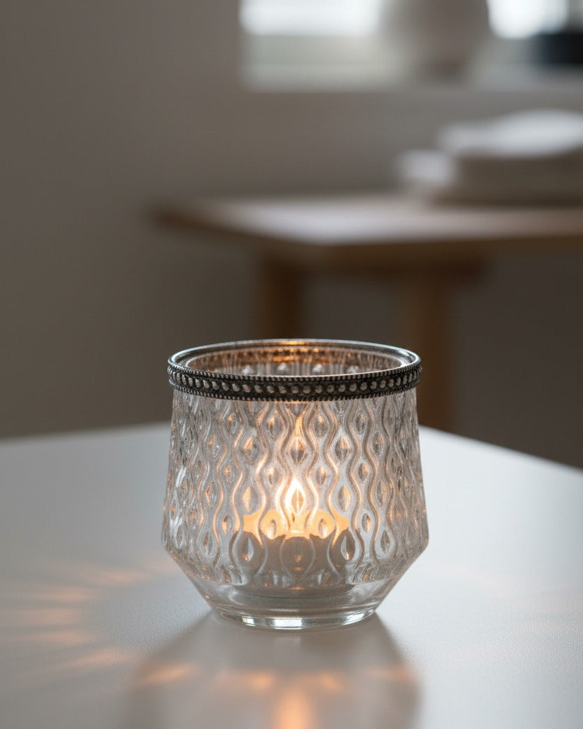 Glass patterned tealight candle holder from Gainsborough Giftware, decorative home décor piece with intricate glass design.
