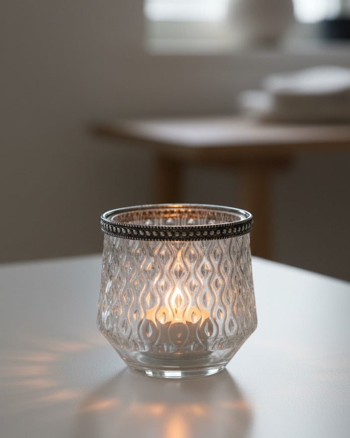 Glass patterned tealight candle holder from Gainsborough Giftware, decorative home décor piece with intricate glass design.
