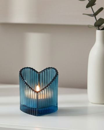Blue ribbed heart-shaped tealight holder by Gainsborough Giftware, perfect for home décor accents.