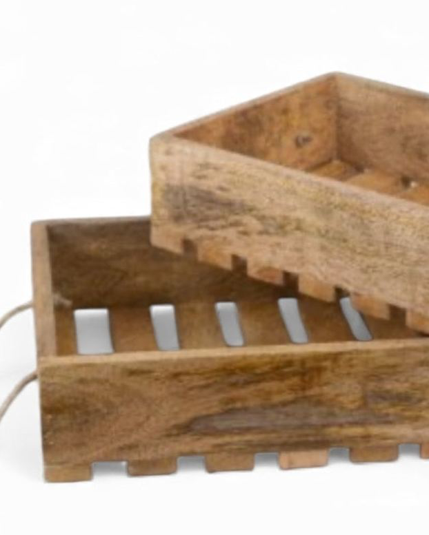 Wooden slatted crate from Gainsborough Giftware, used as home decor, showing its rustic wooden construction and slatted design.