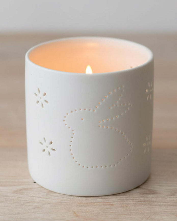 White ceramic bunny rabbit tealight candle holder by Gainsborough Giftware, perfect for spring decor.