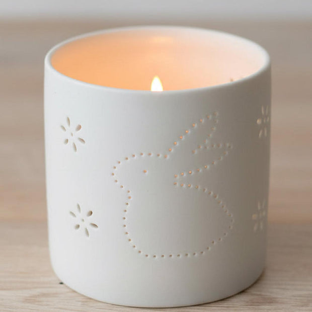 White ceramic bunny rabbit tealight candle holder by Gainsborough Giftware, perfect for spring decor.