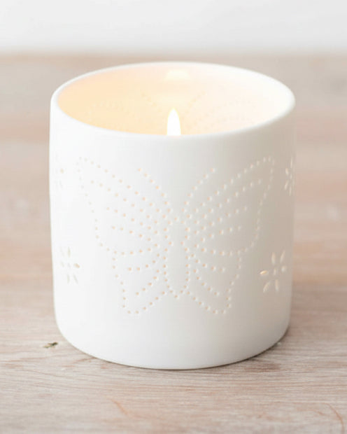 White ceramic butterfly tealight candle holder from Gainsborough Giftware, perfect for spring decor.