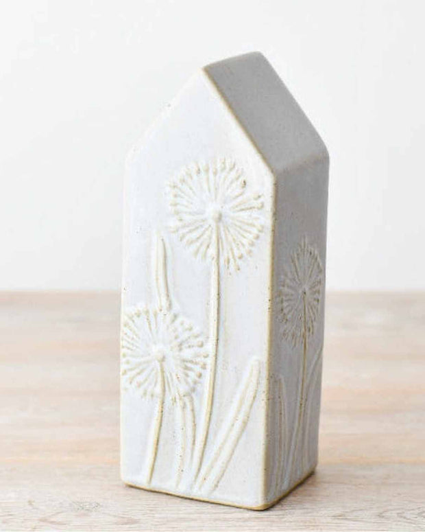 White Dandelion House Ornament by Gainsborough Giftware, spring-themed decorative ceramic house with dandelion design.