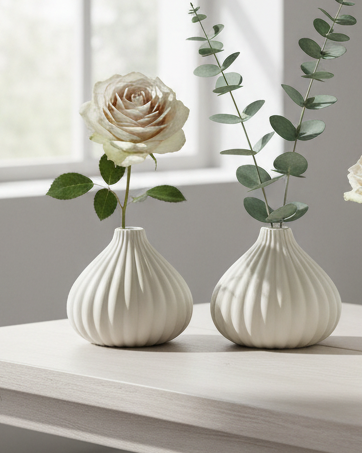 Beige ceramic ribbed bud vase by Gainsborough Giftware, featuring a textured design and small floral opening.