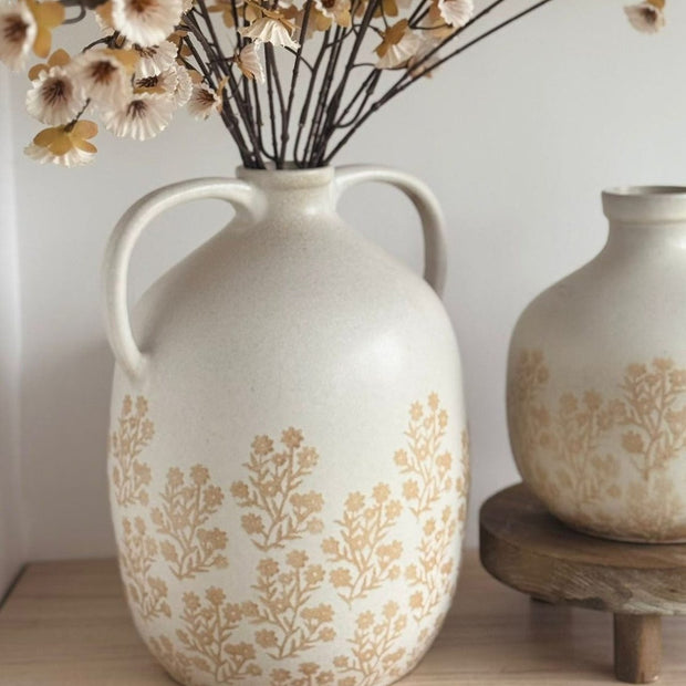Artificial neutral spring flower stem in a white jug vase with floral pattern, by Gisela Graham, perfect for home decor.