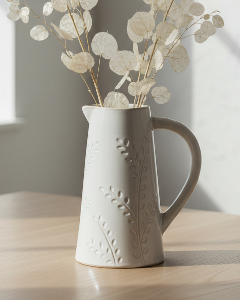 White floral ceramic jug vase by Gainsborough Giftware, featuring a classic design with delicate floral patterns.