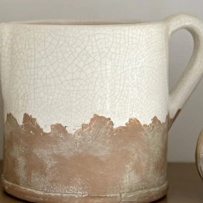 White And Terracotta Rustic Ceramic Handled Jug Vase