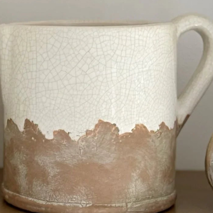 White And Terracotta Rustic Ceramic Handled Jug Vase