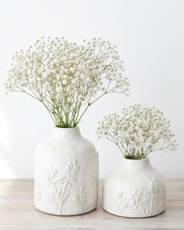 White ceramic Pippa embossed floral vase by Gainsborough Giftware, showcasing intricate floral detailing and a smooth finish.