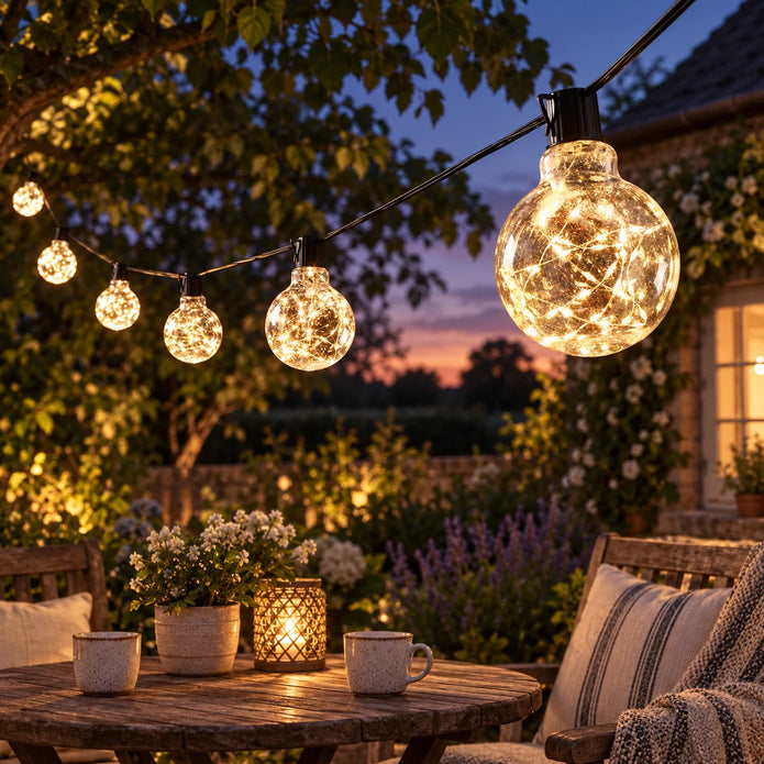 Galaxy Firefly festoon bulbs glowing above an outdoor seating area at dusk.