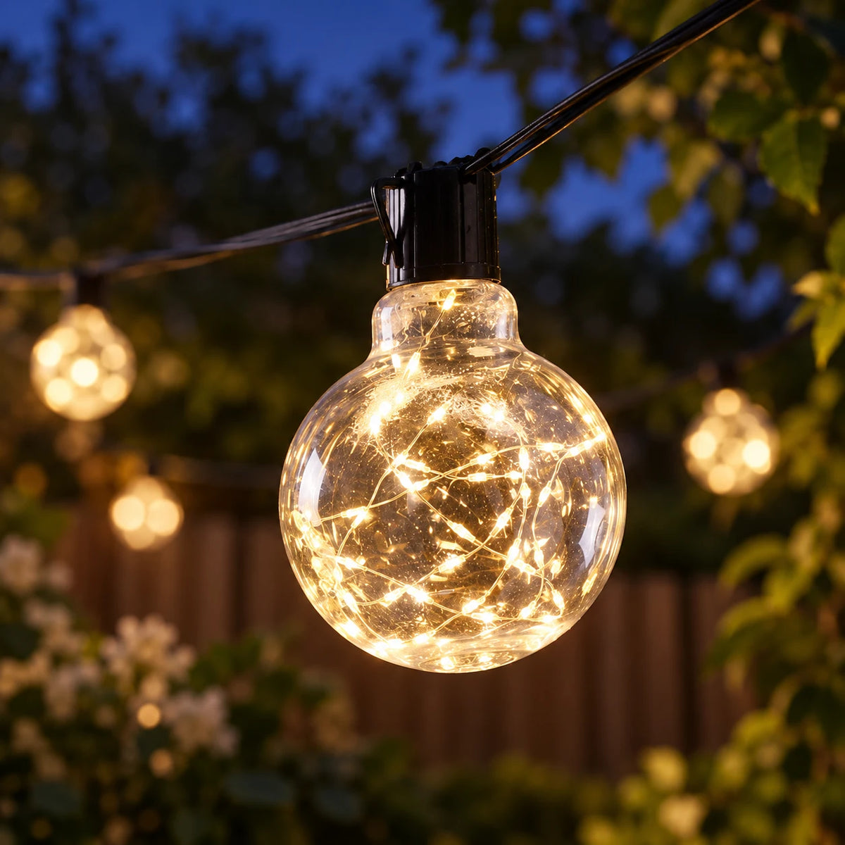 Close-up of a clear Galaxy Firefly festoon bulb glowing against a softly lit garden.