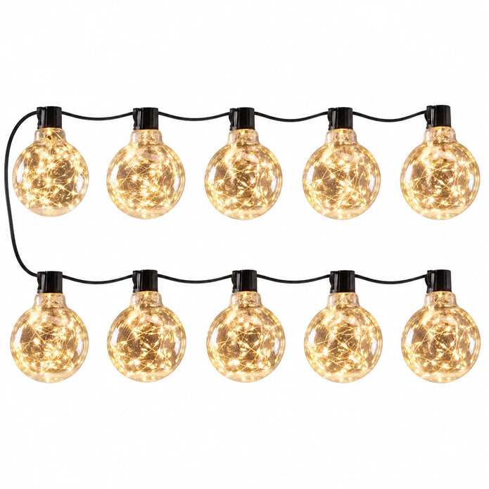Ten Galaxy Firefly festoon bulbs with warm lights and black cable arranged against white.