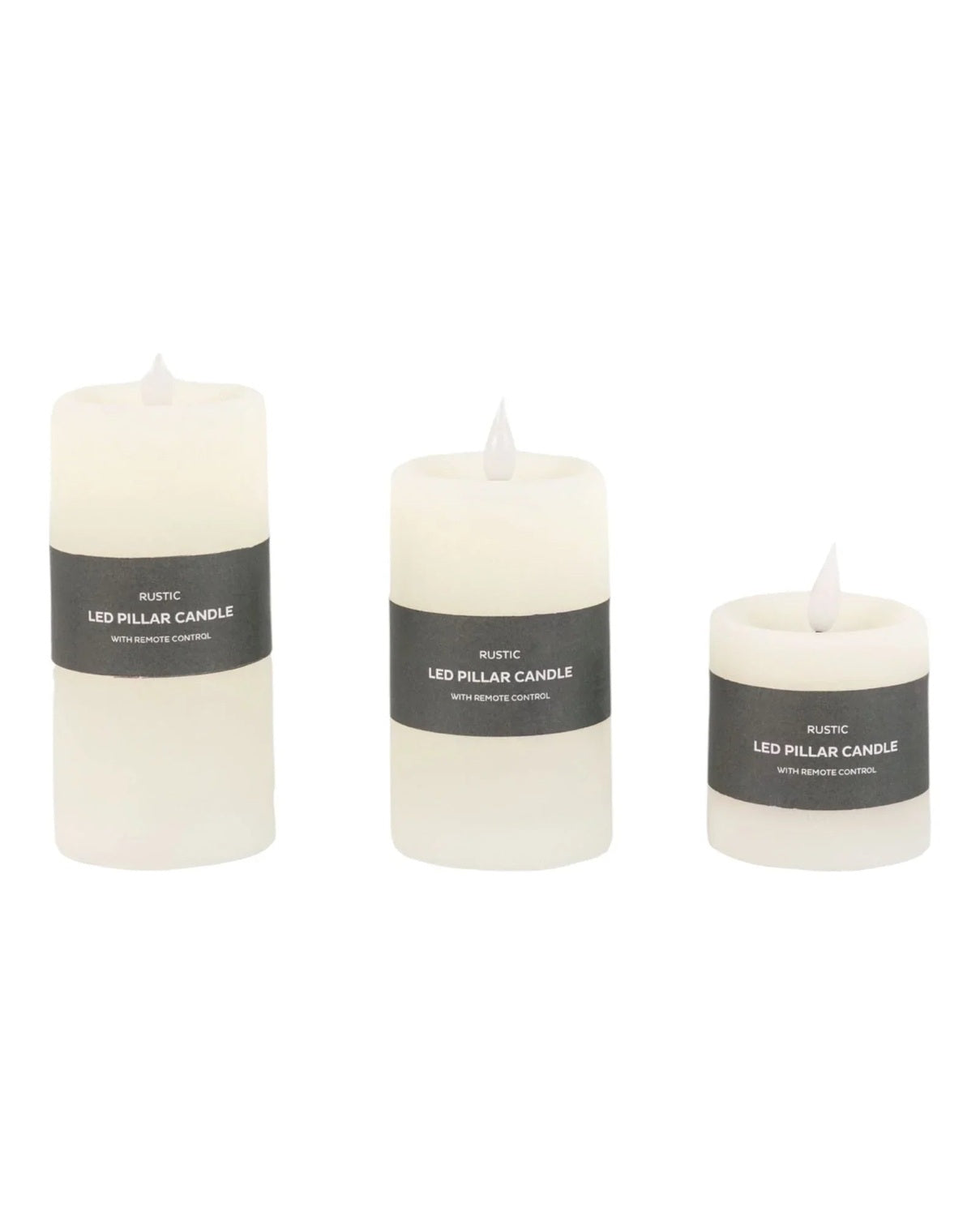 Set of three rustic cream LED battery-operated candles from Gallery Direct, showcasing soft glowing light and realistic flicker.