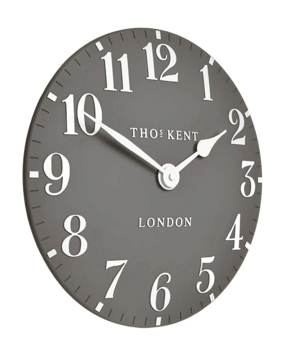 Thomas Kent 12-inch Arabic wall clock in dolphin grey, showcasing a sleek, modern design with clear Arabic numerals.