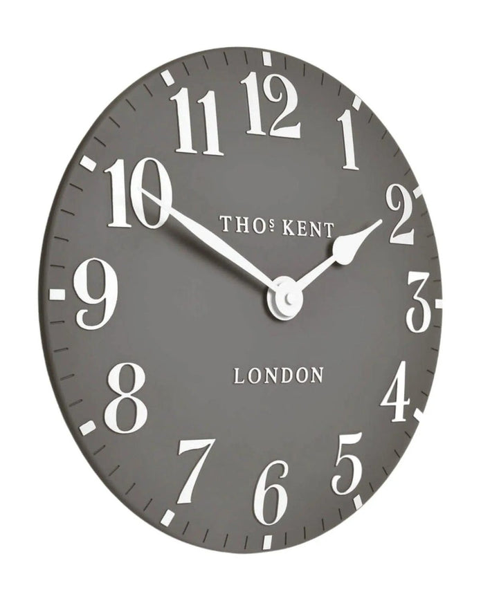 Thomas Kent 12-inch Arabic wall clock in dolphin grey, showcasing a sleek, modern design with clear Arabic numerals.