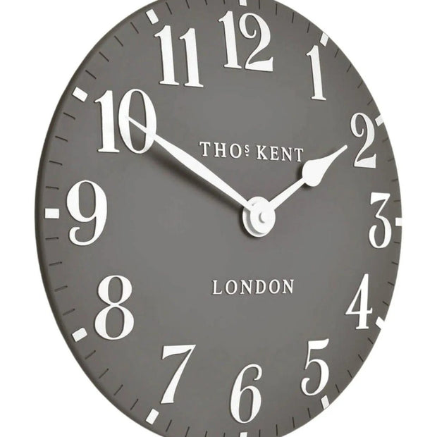 Thomas Kent 12-inch Arabic wall clock in dolphin grey, showcasing a sleek, modern design with clear Arabic numerals.