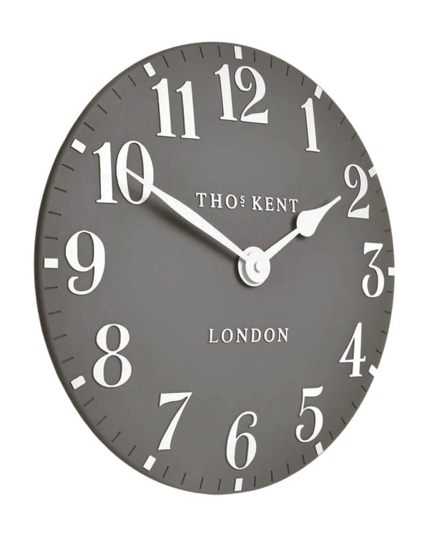 Thomas Kent 12-inch Arabic wall clock in dolphin grey, showcasing a sleek, modern design with clear Arabic numerals.