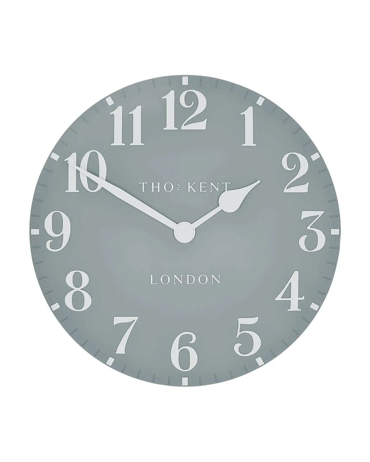 Thomas Kent 12-inch Arabic wall clock in flax blue featuring bold black Arabic numerals and a classic round design.