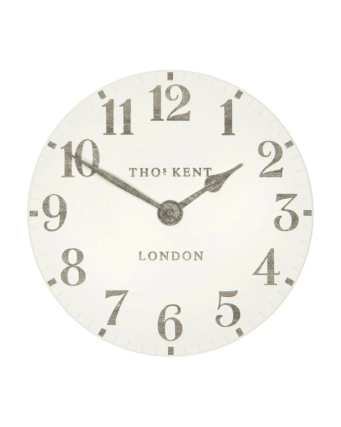 Thomas Kent 12-inch Arabic wall clock by Gallery Direct in limestone white, showcasing a stylish clock with bold Arabic numerals.