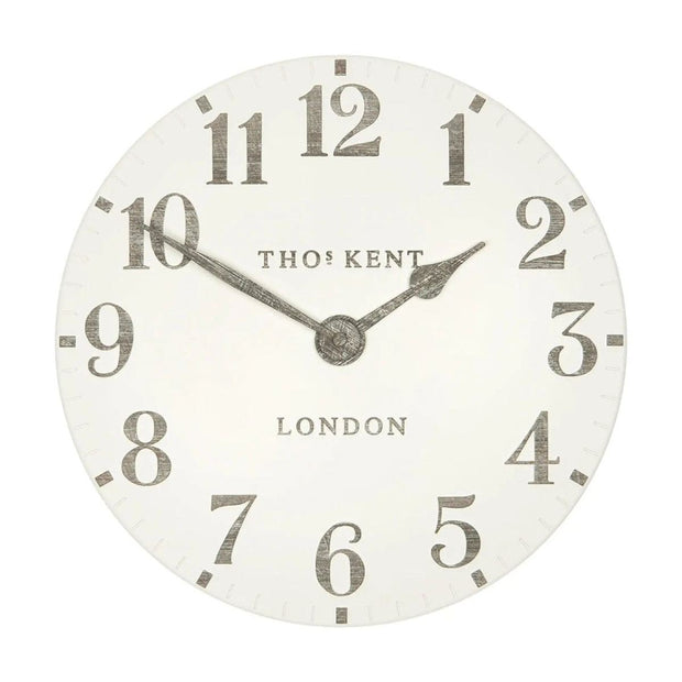 Thomas Kent 12-inch Arabic wall clock by Gallery Direct in limestone white, showcasing a stylish clock with bold Arabic numerals.