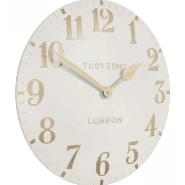 Thomas Kent 12-inch Arabic wall clock in oatmeal white, decorative clock with black Arabic numerals and modern design.